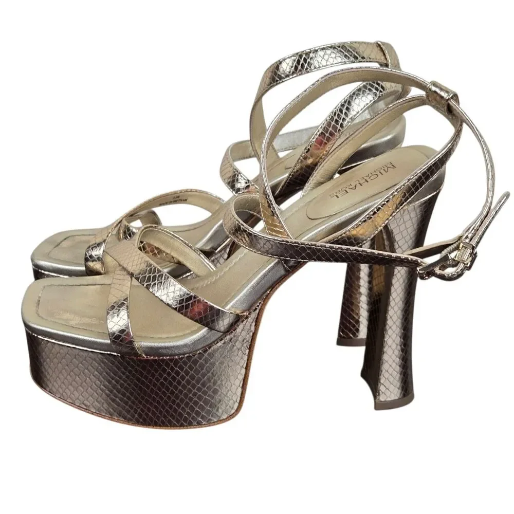 Michael Kors Paola Strappy Platform Sandals 5.5 Gold Leather Snake Glam Baddie
